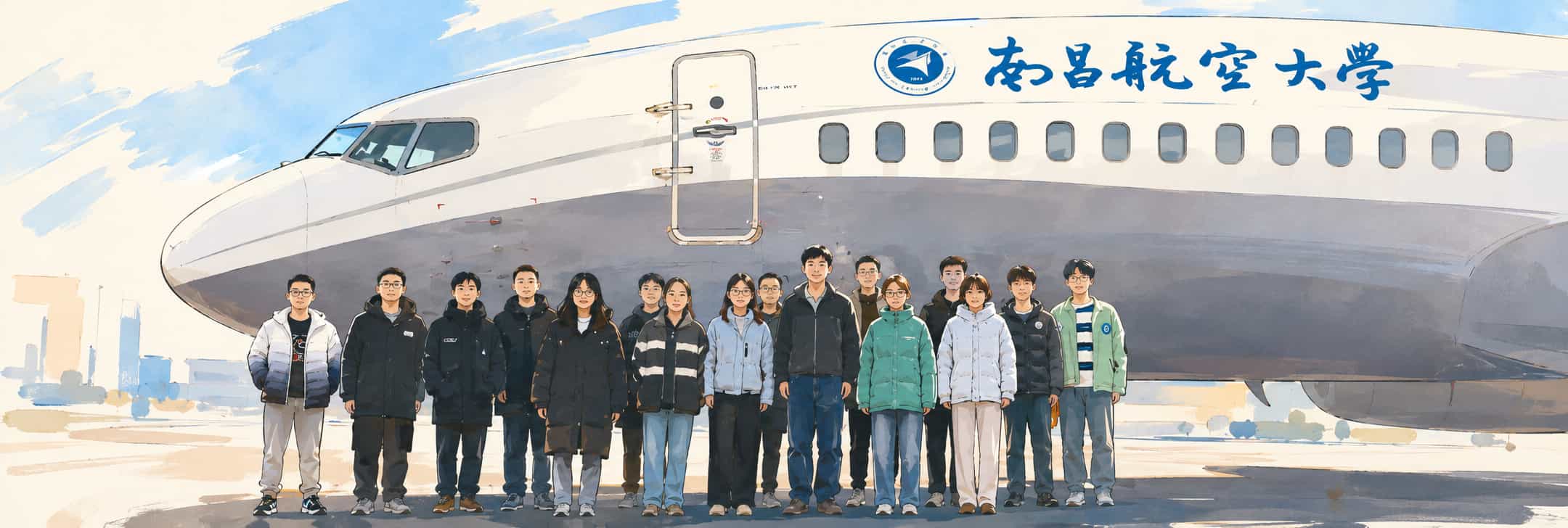 实验室导师介绍页中的团队合影插画,背景为南昌航空大学飞机